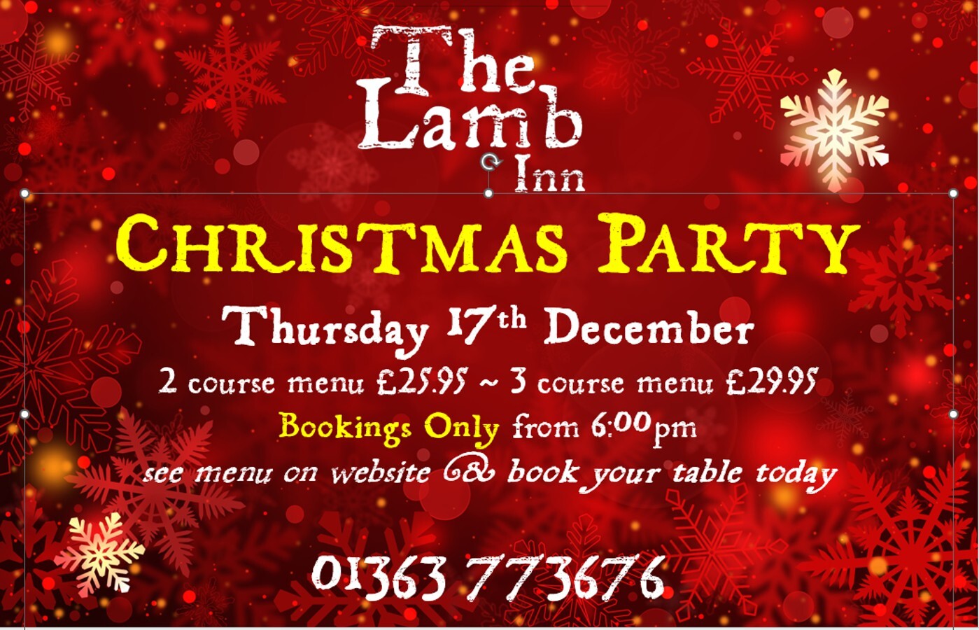 Lamb Inn Christmas Party Menu crediton