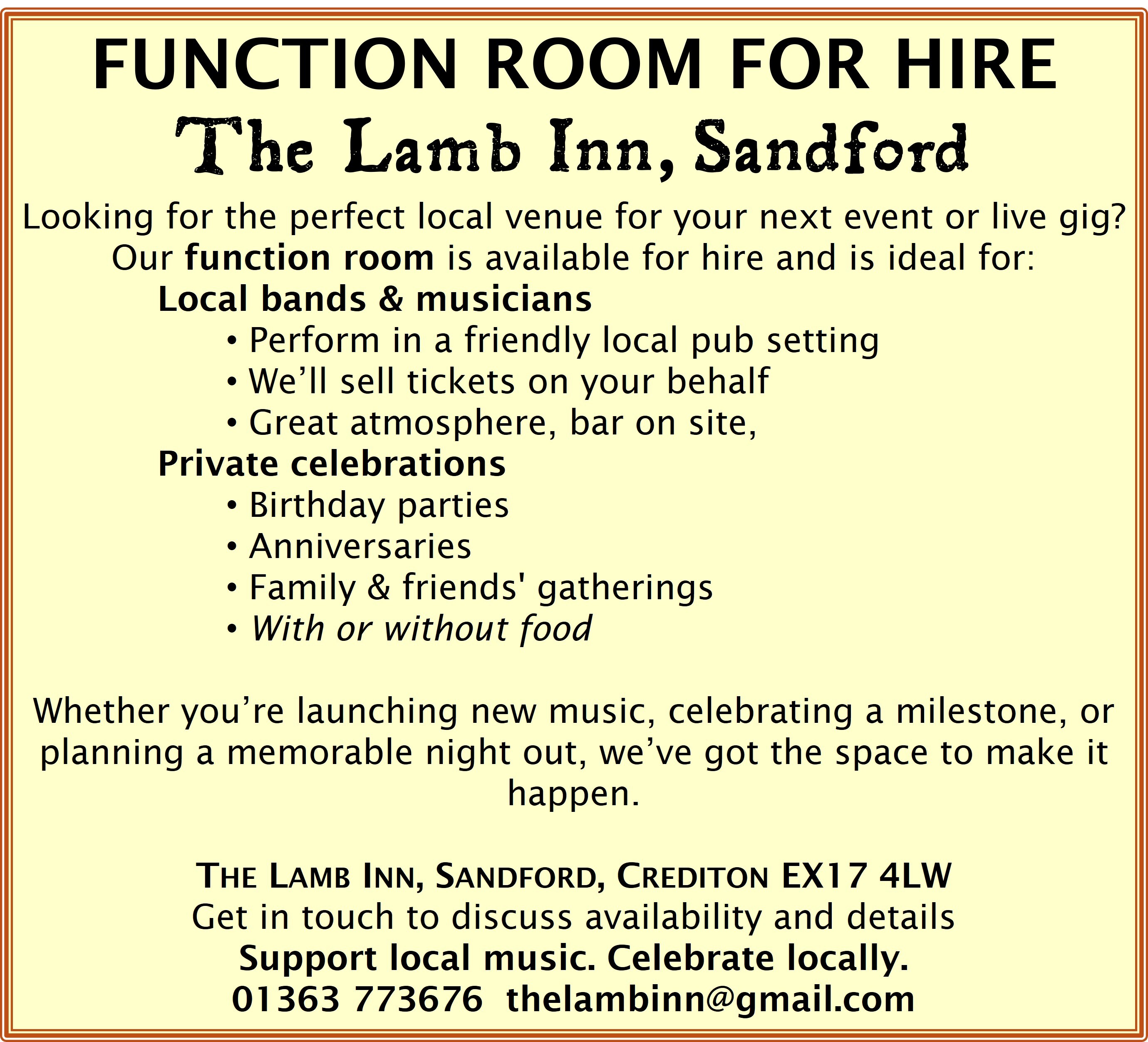 Function room for hire sandford crediton exeter
