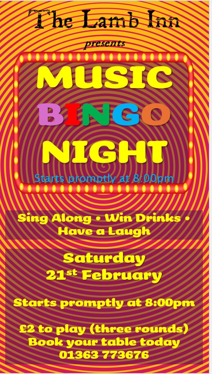Music Bingo Night  lamb inn crediton sandford exeter